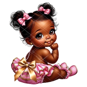 Clipart di pantaloni con volant per neonata, Clipart di abiti afro per neonata, Clipart di abiti rosa e oro per neonata, Clipart di bambine afroamericane, Clipart di pannolini con volant per neonata