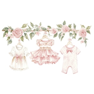 Watercolor Baby Girl Clothes on Pink Rose Floral Vine Clipart Set, Baby Girl Clothesline Clipart,Cottagecore Baby Shower Clipart,Clothesline