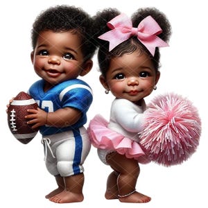 Clipart de footballeur bébé afro-américain et pom-pom girl, sexe révéler des cliparts, pom-pom girl football bébé, bébé noir sexe révéler