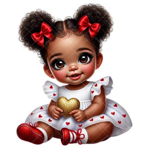 Clipart de petite fille afro-américaine pour la Saint-Valentin | Clipart bébé Saint-Valentin | Clipart Saint-Valentin or rouge | Baby Shower Petite chérie, Saint-Valentin