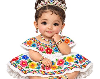 Latina Baby Girl Clipart – White Huipil Dress PNG with Floral Embroidery – 12" 300dpi