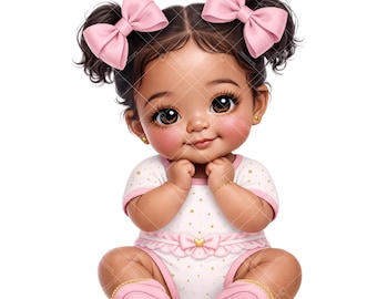 Latina Baby Girl Clipart PNG Pink Gold | Brown Skin Mexican Baby Shower Graphic