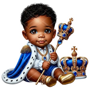 Clipart di Principe Bambino Afro, Clipart di Principe Bambino, Clipart di Principe Afroamericano, Clipart di Principe Blu Reale e Oro, Principe Afro, Clipart di Principe Bambino