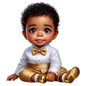 Clipart di adorabile neonato afroamericano / Clipart di papillon dorato per neonato in formato PNG / Vestito dorato per neonato / Sublimazione, inviti, decorazioni per la cameretta dei bambini