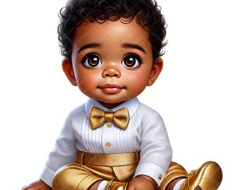 African American Baby Boy Clipart: Gold Bow Tie Outfit (PNG Digital Download)