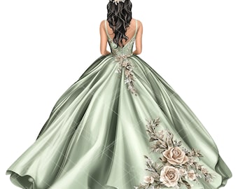 Sage Green Quinceañera Dress Clipart: Ivory Rose Design (PNG)