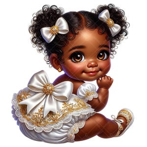 Clipart di bambina afroamericana / Pantaloni con volant bianchi e oro / Clipart di tutù afro per bambini / Pantaloni con volant bianchi e oro per bambini / Bambini in oro bianco