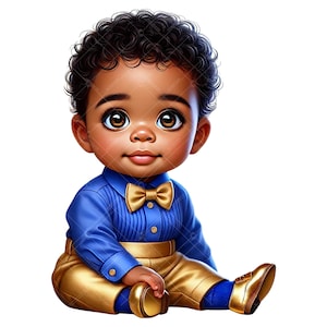 Clipart di neonato afroamericano in formato PNG, Clipart di neonato blu e oro, Clipart di neonato nero per baby shower, PNG a sublimazione, Arte per la cameretta dei bambini, Invito per neonati
