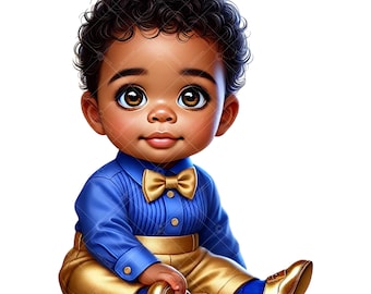 Blue & Gold African American Baby Boy Clipart (PNG)