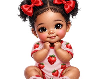Latina Strawberry Baby Girl Clipart: Brown Skin, Pink Bows (Digital Download)