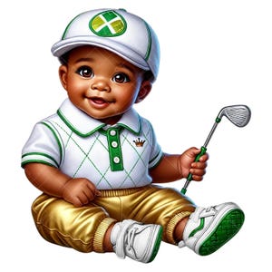 Clipart di Baby Golfer - Baby Golfer afroamericano - Clipart di Afro Baby Golfer - Clipart di Baby Golfer, Baby Shower di Golf, Arte per la cameretta dei bambini di Golf