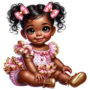 Clipart di bambina in oro rosa, Clipart di bambina con treccine, Clipart di bambina afro, Bambina afroamericana in oro rosa, Bambina con pantaloni a balze