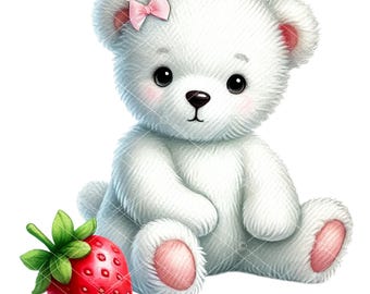 Strawberry Baby Shower Clipart: Girl Bear Watercolor PNG (Digital Download)