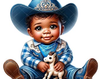 Afro Baby Cowboy Clipart: Western Nursery Art (PNG Digital Download)