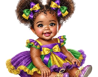 Mardi Gras Baby Girl Clipart African American PNG | Purple Green Gold Glitter | 12" 300dpi