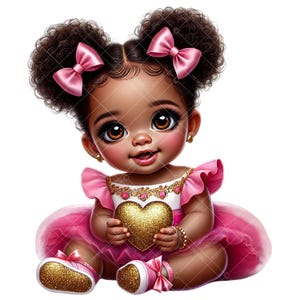 Clipart de petite fille afro-américaine pour la Saint-Valentin | Clipart bébé Saint-Valentin | Clipart baby shower de la Saint-Valentin | Baby Shower Petite chérie