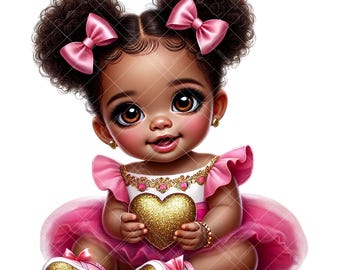 African American Baby Girl Valentine Clipart: Pink & Gold (PNG Digital Download)
