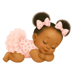 Clipart di bambina afroamericana addormentata - Clipart di baby shower rosa cipria - Clipart di bambina con rosa rosa cipria - Bambina con tutù afro