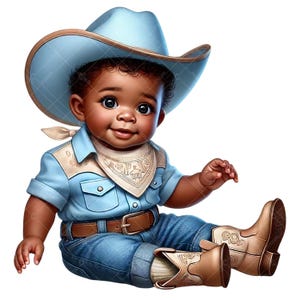 Clipart di Afro Baby Cowboy - Clipart di African American Baby Cowboy - Clipart di Cowboy Baby Boy - Cowboy Baby Shower - Arte per bambini in età prescolare