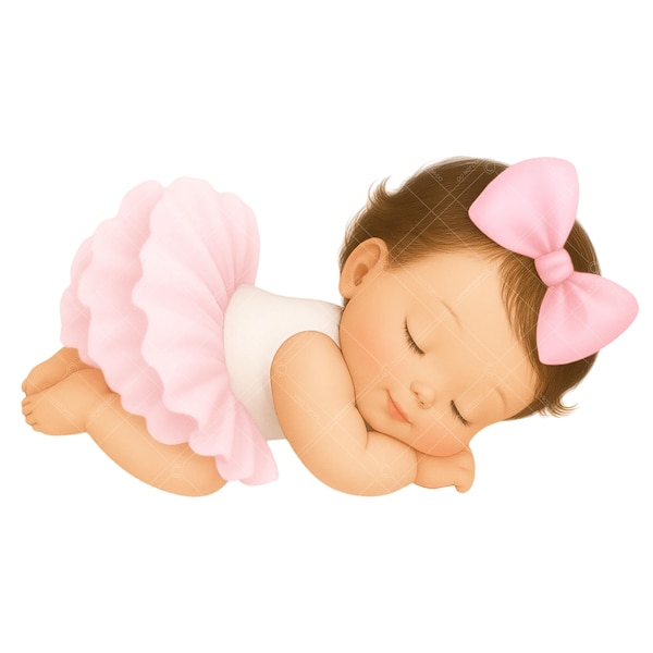 Różowa, śpiąca dziewczynka w klipartach: Tutu i kokarda (pobieranie cyfrowe PNG)