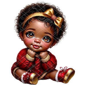 Clipart di bambina afro, clipart di bambina afroamericana, clipart di Natale di bambina afro, clipart di bambina rosso-oro, clipart di baby shower invernale