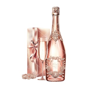 Elegante juego de imágenes prediseñadas de champán en oro rosa / Botella con incrustaciones de diamantes, vaso, caja de regalo, pulsera / Perfecto para invitaciones y decoración de fiestas