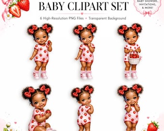 Strawberry Baby Girl Clipart PNG Set African American Baby Shower Graphics 6 Files