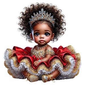 Clipart di una bambina afroamericana per concorsi di bellezza / Principessa rossa e oro / Tutù rosso e oro / Clipart di una principessa africana per baby shower / Clipart di una principessa
