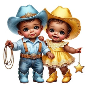 Clipart de bebé vaquero y vaquera afroamericanos, clipart de revelación de género, bebé vaquero y vaquera, clipart de revelación de género de bebé negro