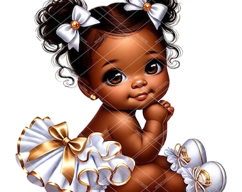 May include: A digital illustration of a Black baby girl with brown eyes, wearing a white ruffled dress with gold trim and white shoes with gold bows. The baby is sitting with her hands clasped under her chin and has white bows in her hair.