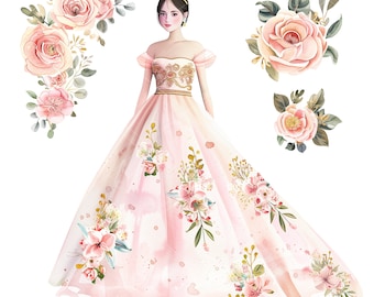 Pink Rose Princess Clipart Set: Gold Glitter Accents (PNG Digital Download)