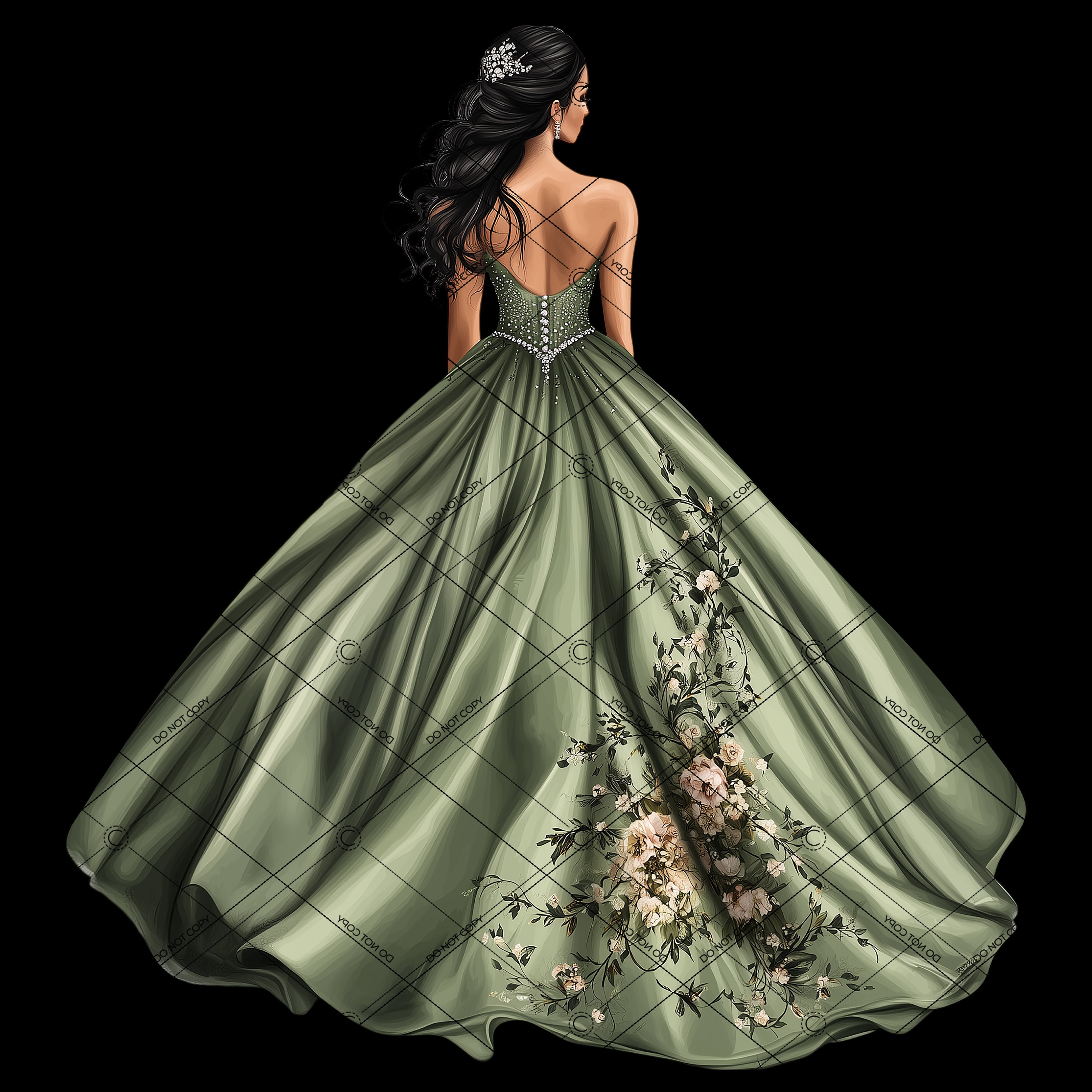 Sage Green Quinceañera Dress Clipart: Rhinestone & Rose Design (PNG)