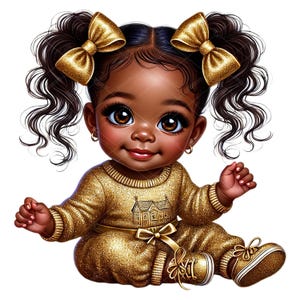 African American Baby Girl Clipart with Glittery Gold Outfit , Afro Puff Baby Girl Clipart, Glam Baby Girl Clipart, Diva Baby Girl Clipart