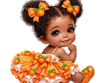 Little Cutie Girl Clipart, Orange Theme African American Digital Download