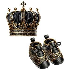 Black and Gold Prince Clipart: Crown & Baby Shoes (PNG Digital Download)
