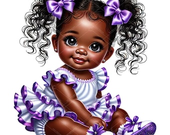 May include: A young girl with dark curly hair wears a white dress with purple ruffles and matching purple bows in her hair. She is sitting with her legs crossed and wearing white shoes with purple bows.