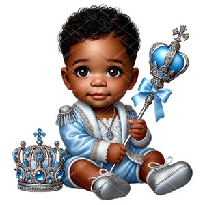 Baby Afro Prinz Clipart, Blau Silber Prinz Clipart, afroamerikanische Prinz Clipart, Afro Prinz, Blau Silber Prinz Baby Shower, Afro Prinz