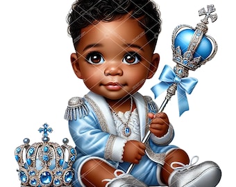 Regal African American Baby Prince Clipart: Blue & Silver (PNG)