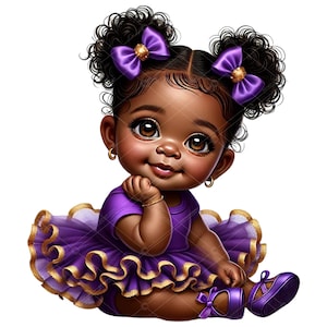Schattige Afro-Amerikaanse babymeisje clipart | Paarse en gouden tutu babymeisje clipart | Direct downloaden | Inclusief spiegelbeeld, paarse tutu