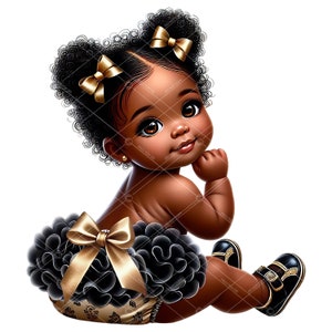 Clipart di pantaloni con volant per neonata, Clipart di neonati con sbuffo afro, Clipart di neonati con oro nero, Clipart di bambine afroamericane, Clipart di neonati con pannolini con volant