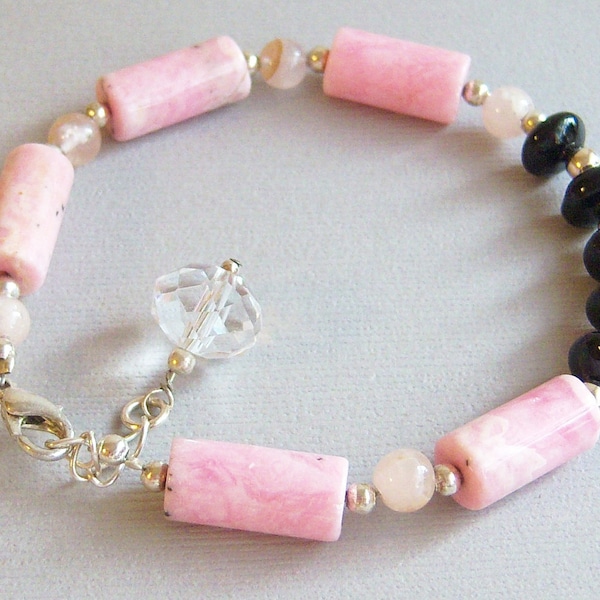 on hold for Molly - Rhodochrosite, Morganite, Onyx Bracelet