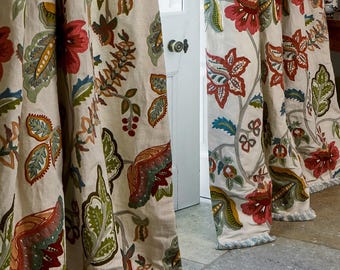 Designer Sombre' Embroidered Drapes in Tomato, Aqua, Green, Coral, and Aqua - Lined