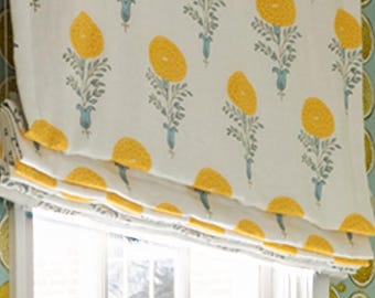 Marigold Hand Block Print Custom Cordless Operable  Roman Shade - Lined