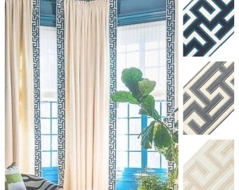 Custom Cotton Drapes with 5" wide Greek Designer Trim - Thermal Lining