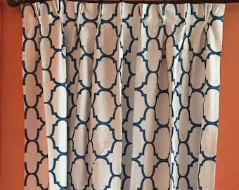 Pair of Pinch Pleat Blue Quatrefoil Drapes With Thermal Lining- Ready to ship