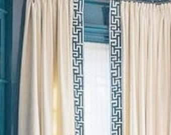 Custom Cotton Drapes with 5" wide Greek Designer Trim - Thermal Lining