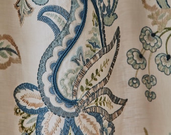 Roseto Embroidered Floral Crewel Fabric in Red, Green, Navy, Blue