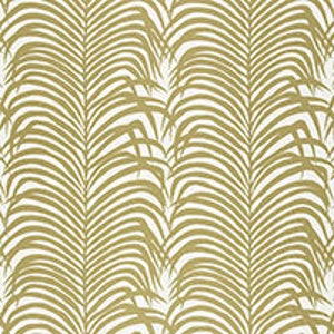May include: White and gold abstract wallpaper pattern with a repeating design of stylized palm fronds.