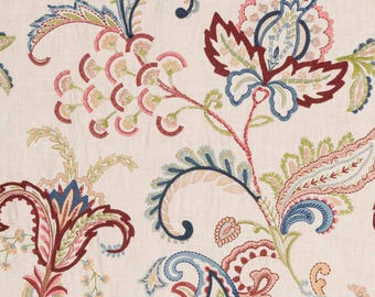 Roseto Embroidered Floral Crewel Fabric in Red, Green, Navy, Blue
