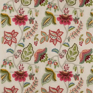May include: Floral fabric with a repeating pattern of stylized flowers and leaves in shades of pink, green, yellow, and blue on a cream background. The design features large, detailed blooms and foliage.